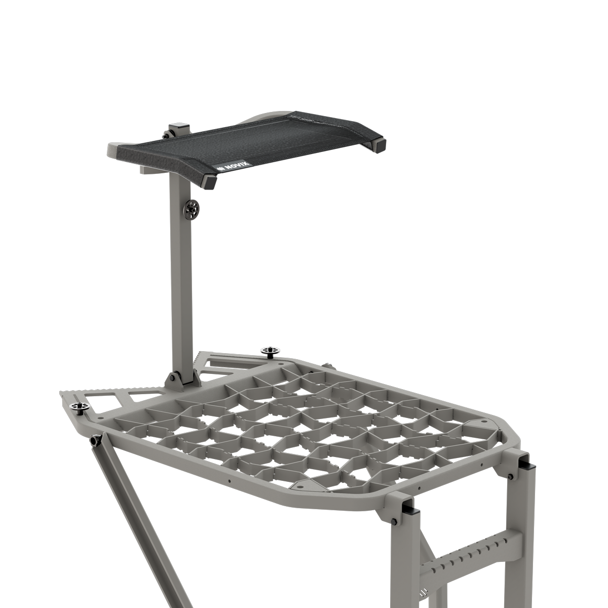 Gray hunting shooting rest with adjustable arm and Novix logo, ideal for precision aiming in outdoor gear setups