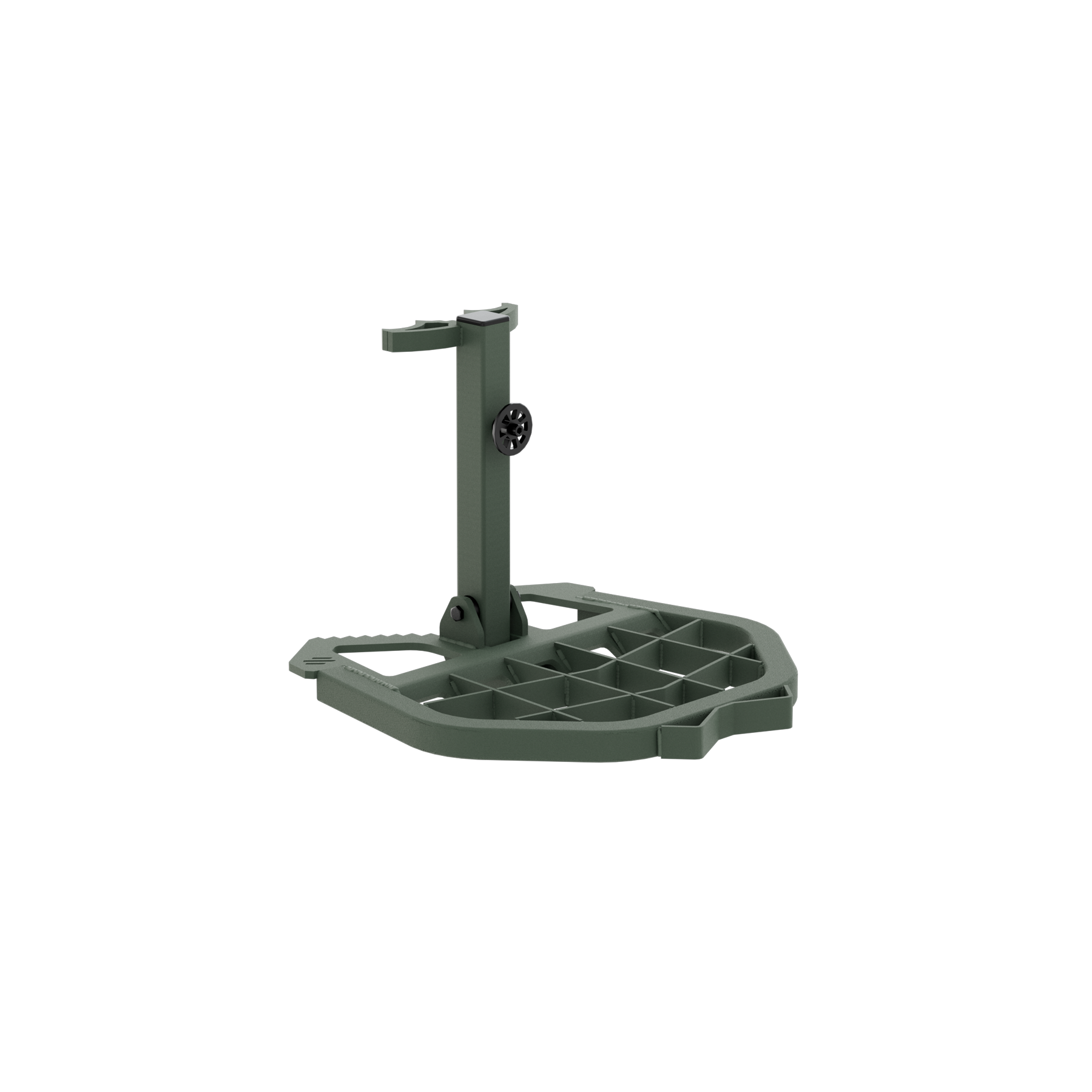 Olive green hunting tree stand accessory with adjustable platform and mounting bracket