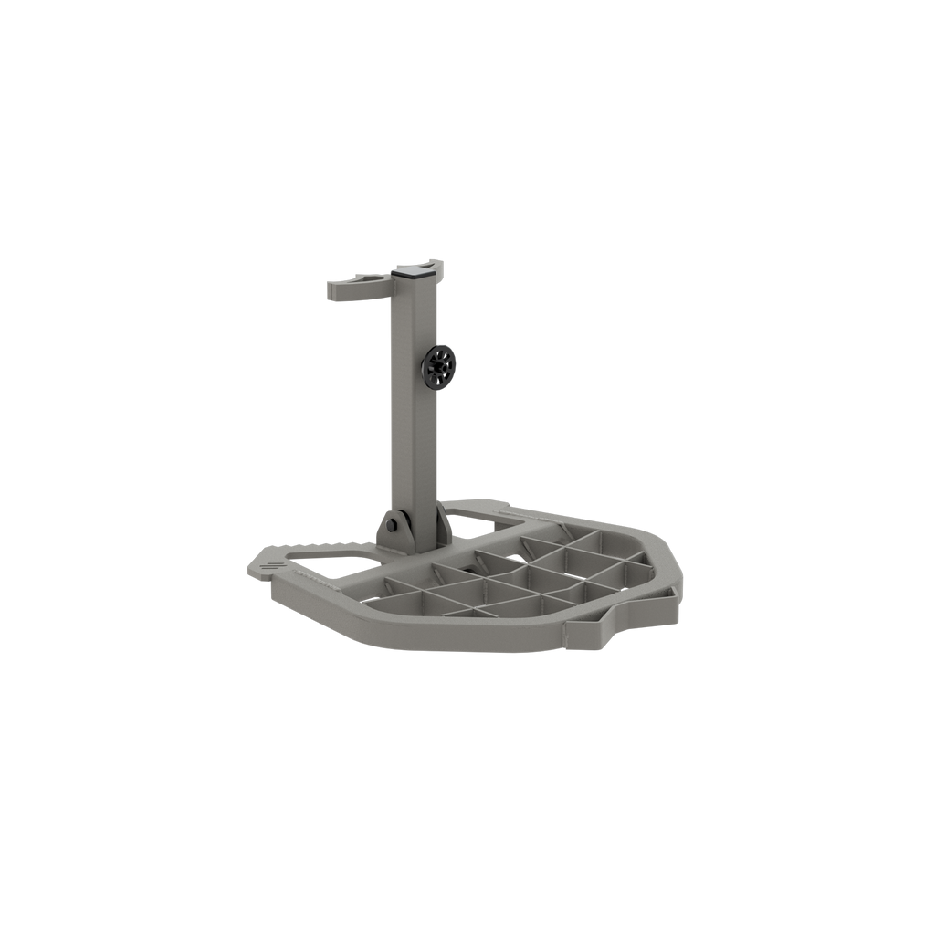 Gray hunting tree stand accessory with adjustable platform and mounting bracket for outdoor use
