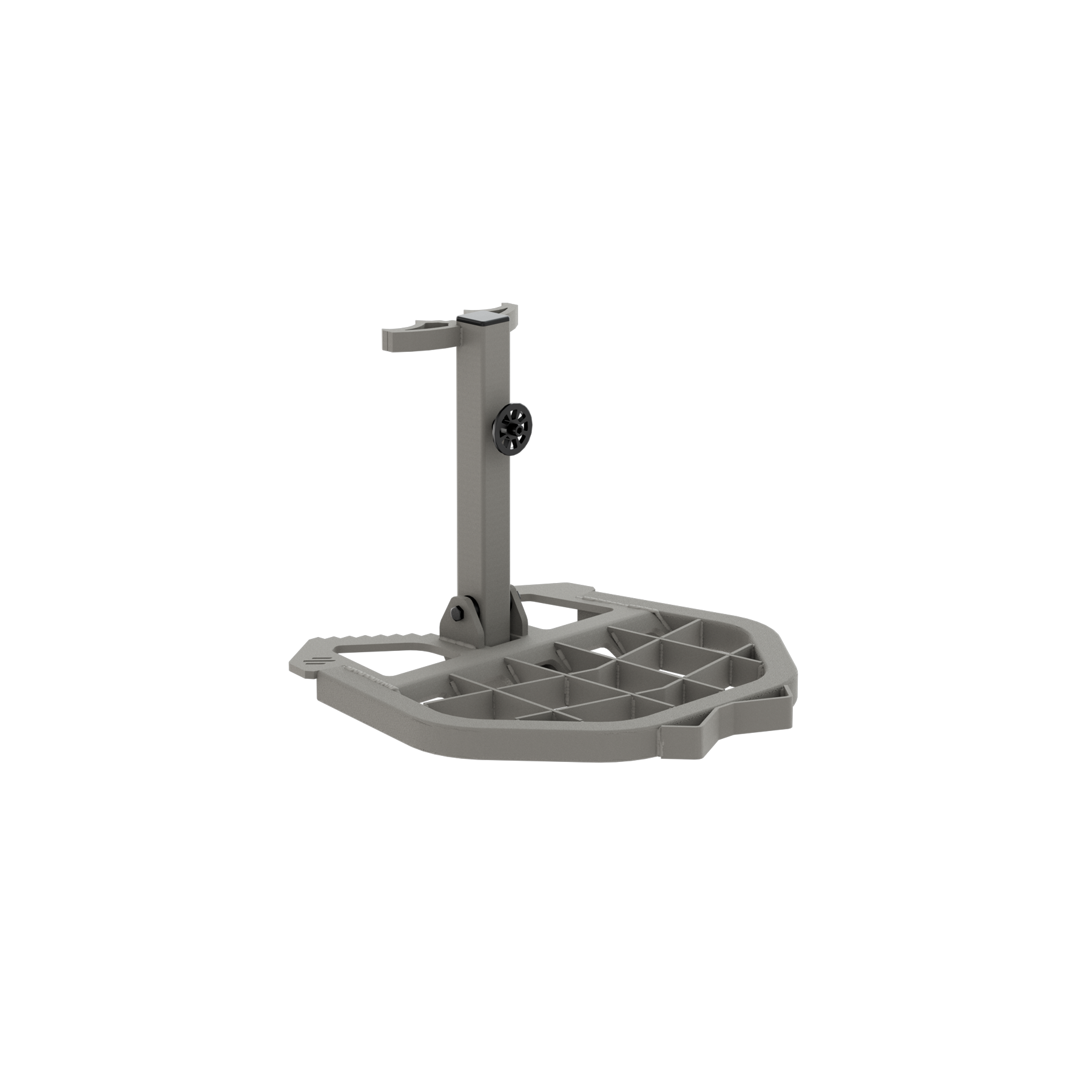 Gray hunting tree stand accessory with adjustable platform and mounting bracket for outdoor use