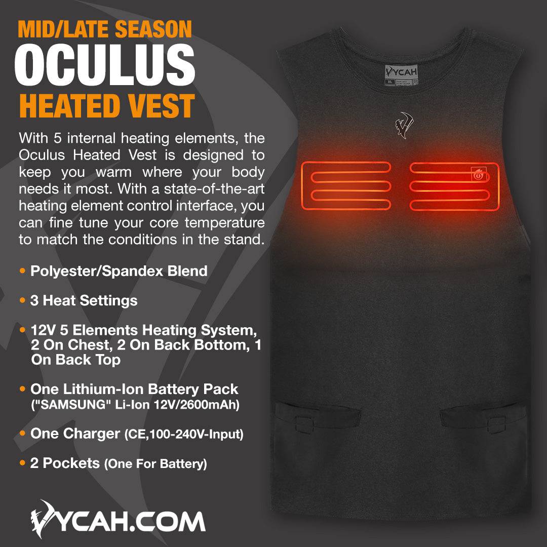Vycah Oculus Heated Vest features: polyester spandex blend, 3 heat settings, 12V 5-element heating system, Samsung lithium-ion battery pack, charger, 2 pockets