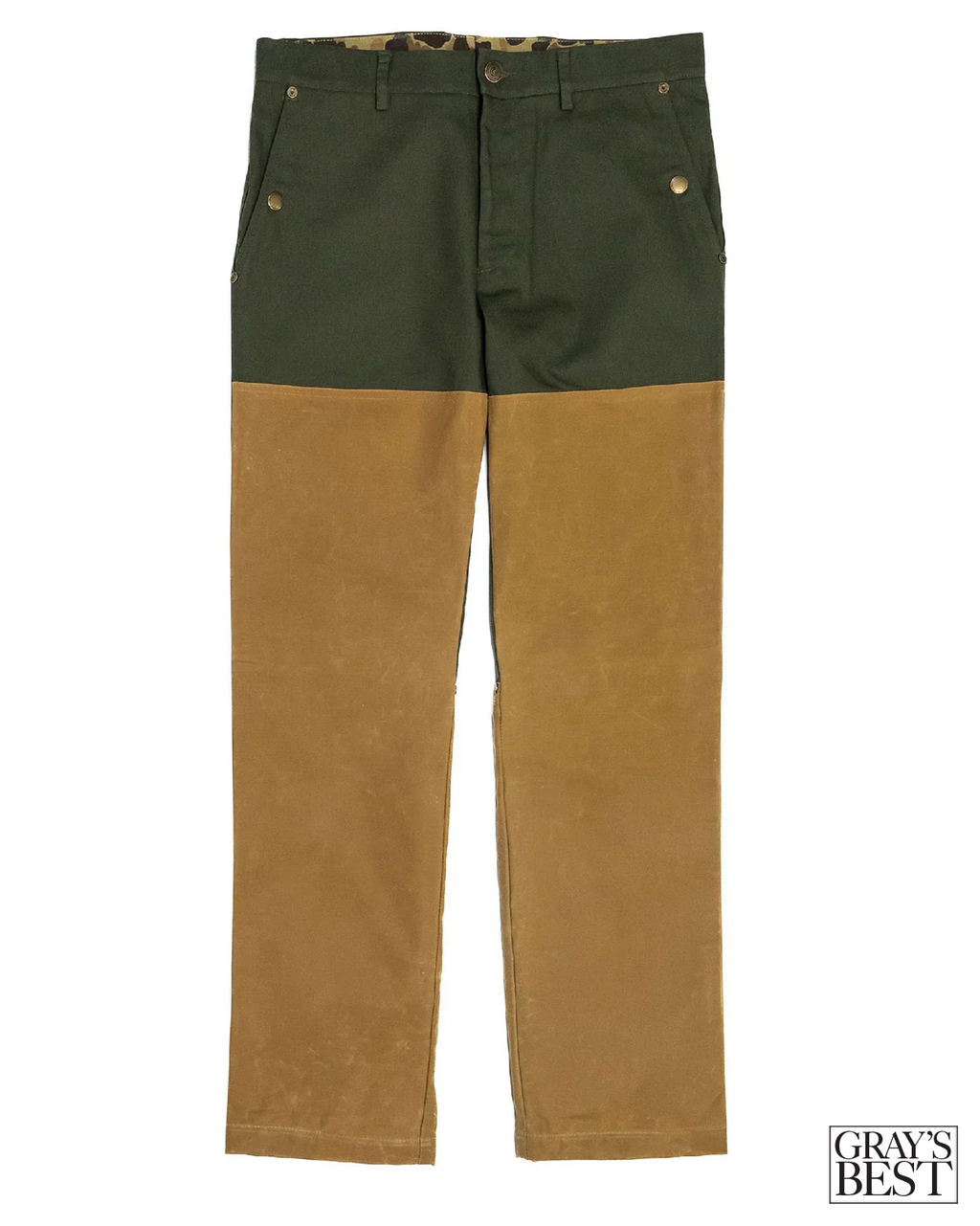 Ball and Buck Midweight Field Pant in Pine Duck, green duck canvas upper with tan waxed cotton legs, front view