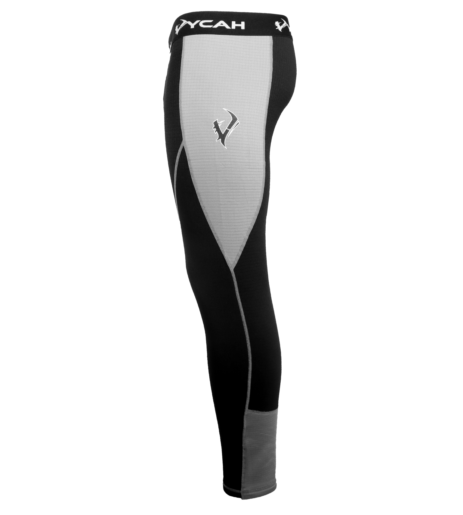 Vycah Pyrex Extreme base layer pant in black and gray, side view with Vycah logo on the gray thigh panel