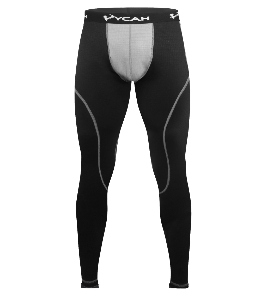 Vycah Pyrex Extreme base layer pant in black and gray, front view with body-mapped gray panel