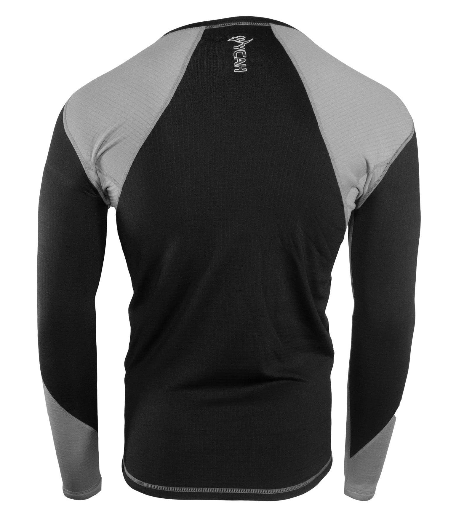 Vycah Pyrex Extreme base layer shirt in black and gray, back view with black center panel and gray shoulders
