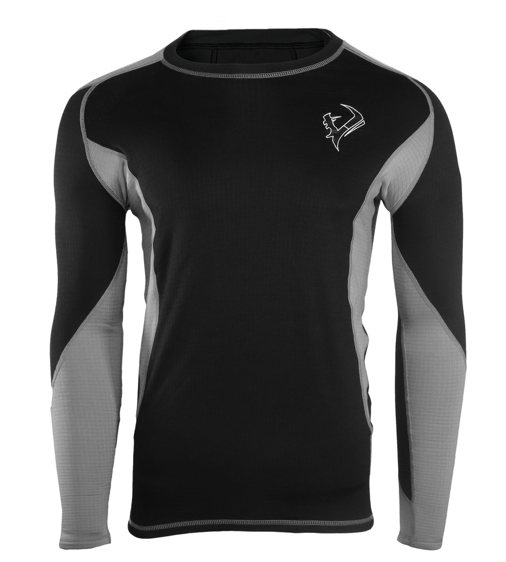 Vycah Pyrex Extreme base layer shirt in black and gray, front view with gray raglan side panels and Vycah chest logo