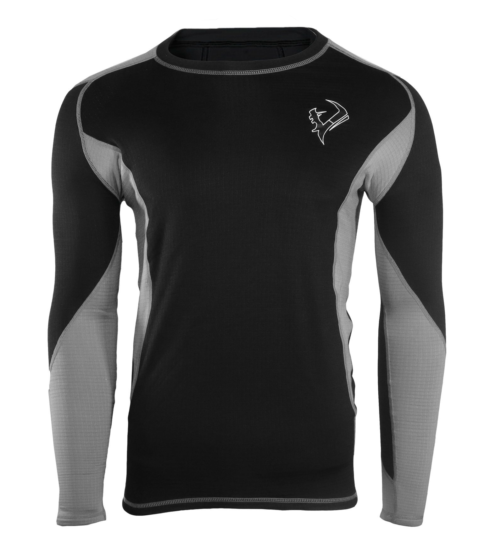 Vycah Pyrex Extreme base layer shirt in black and gray, front view with gray raglan side panels and Vycah chest logo