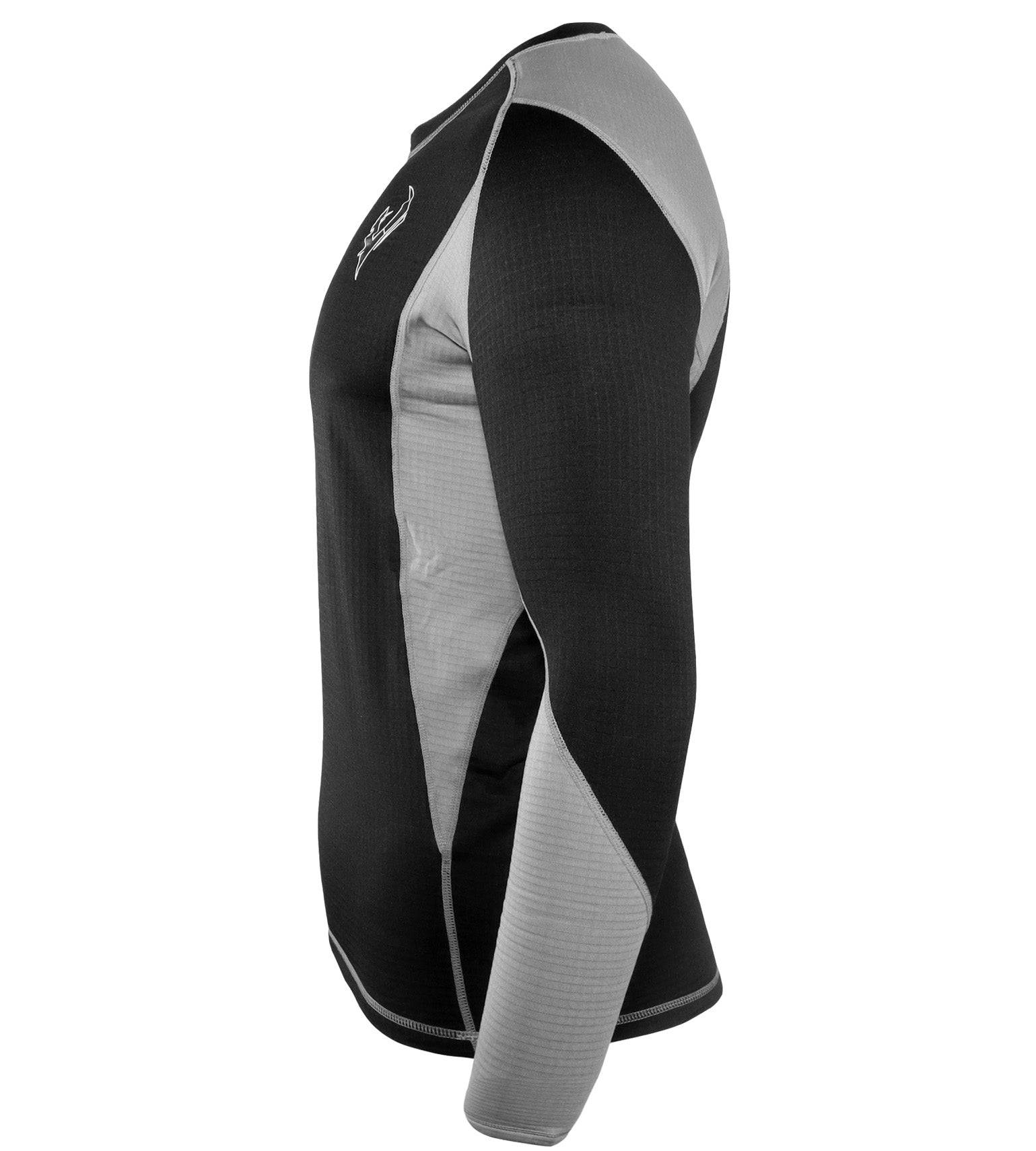 Vycah Pyrex Extreme base layer shirt in black and gray, side view showing the body-mapped sleeve panel