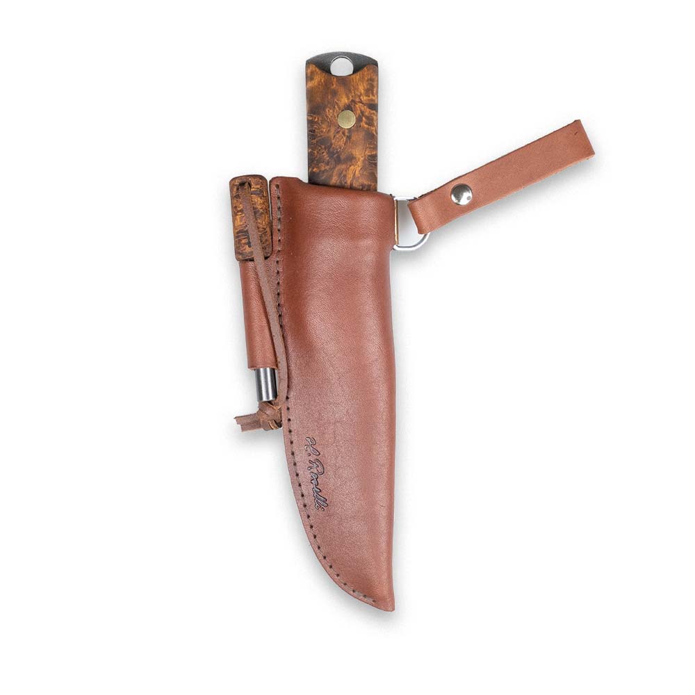 Hunting knife with burl wood handle in brown leather sheath, ideal for outdoor survival and camping gear