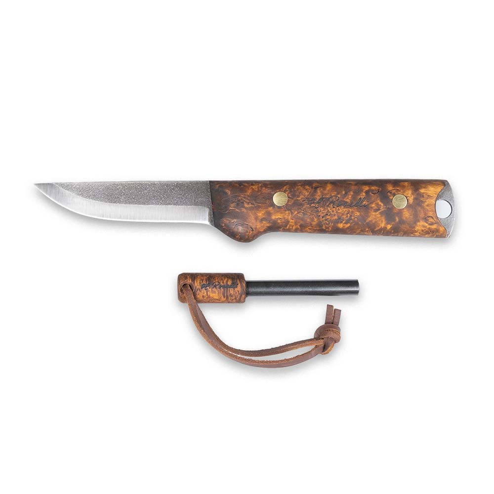 Hunting knife with wood grain handle and leather sheath, ideal for outdoor survival and camping gear