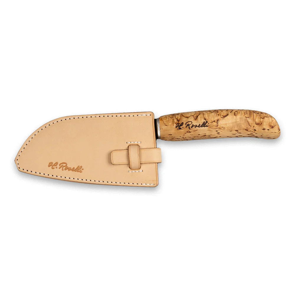H. Roselli hunting knife with burl wood handle and tan leather sheath, outdoor gear