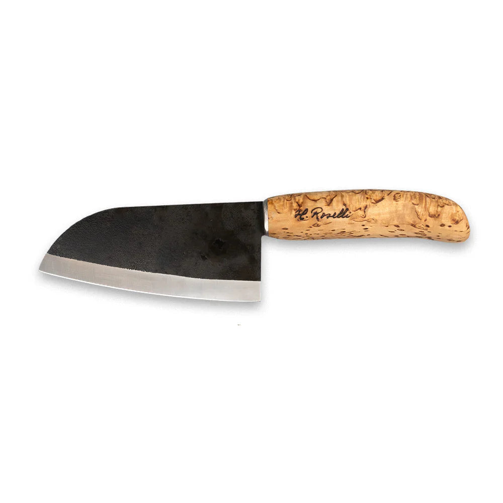 H. Roselli hunting knife with burl wood handle and blackened steel blade, outdoor gear