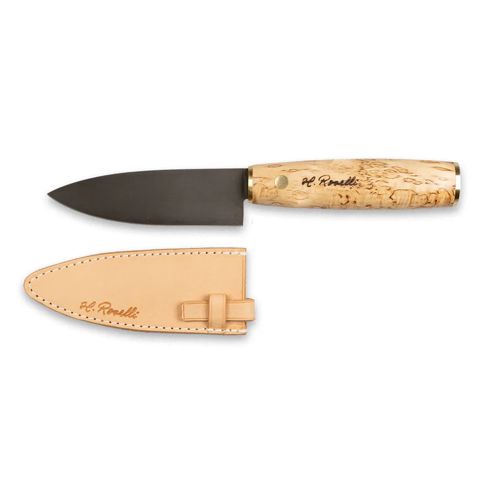 H. Roselli hunting knife with burl wood handle and leather sheath for outdoor use