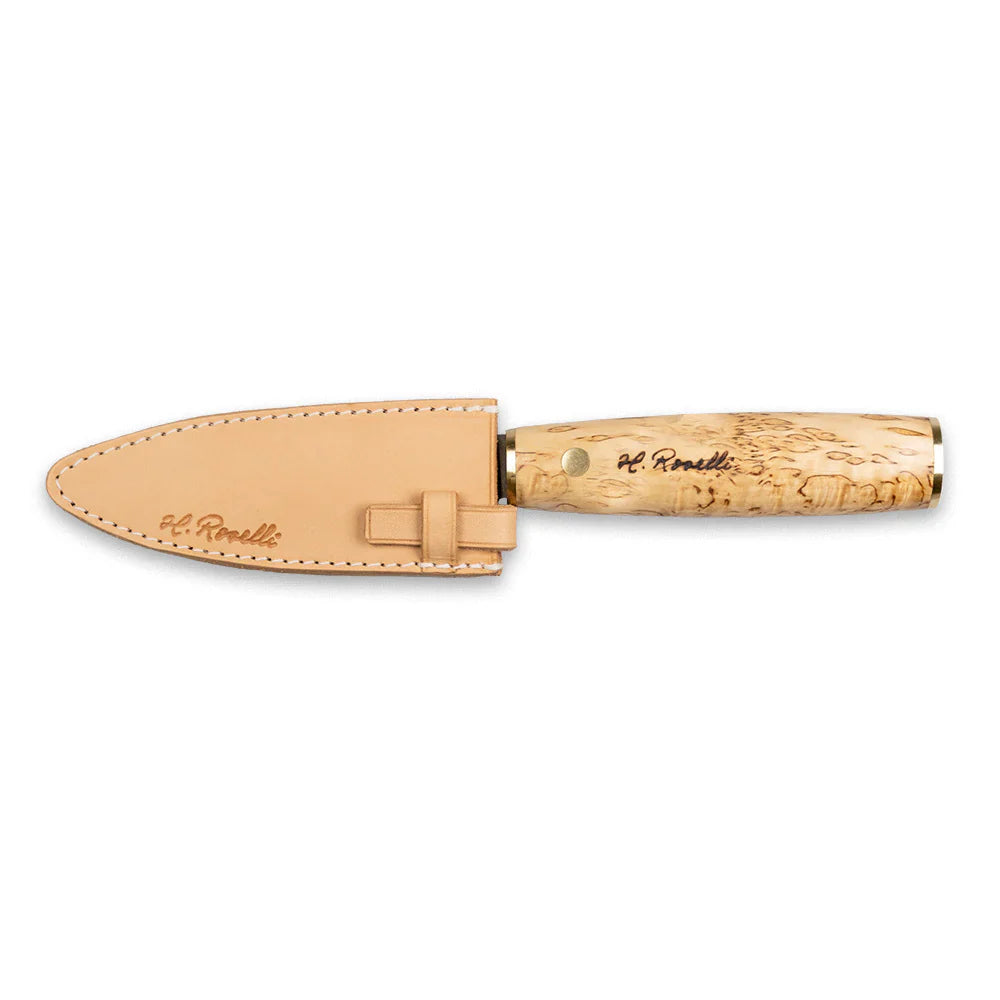 H. Roselli hunting knife with burl wood handle and leather sheath, outdoor gear for field dressing