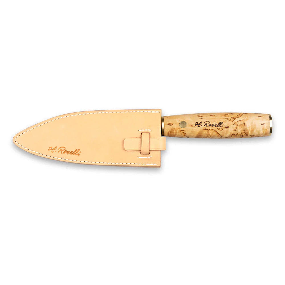 H. Roselli hunting knife with burl wood handle and leather sheath, outdoor gear