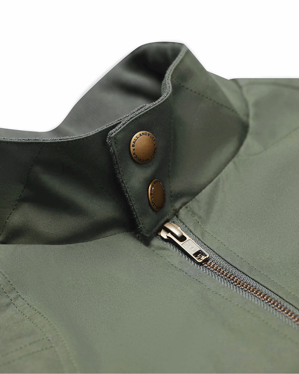 Brass snap collar and zipper on the Sage Green Harrington Jacket