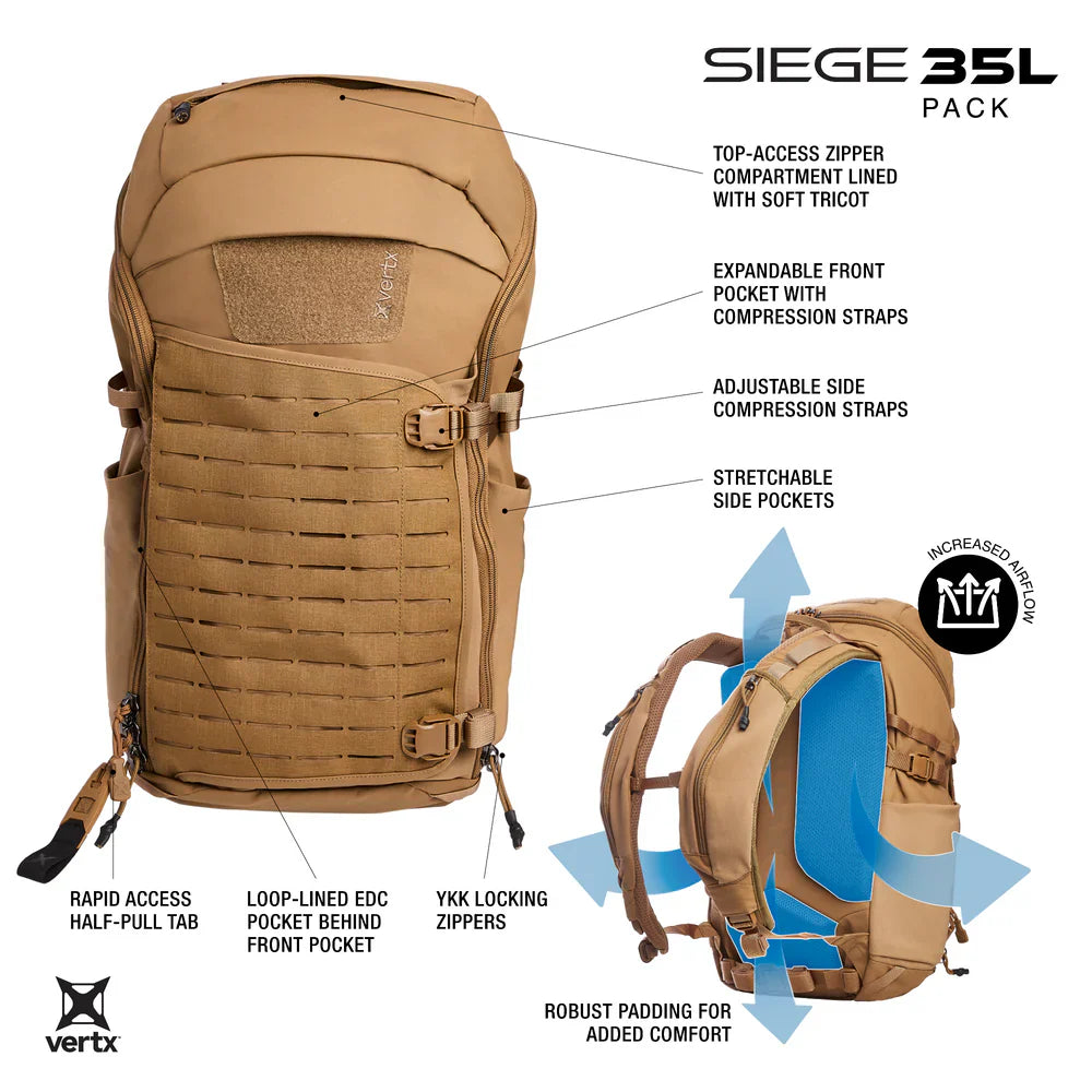 Vertx Siege 35L | 35L Mission Loadout & Rapid Access | Water-Resistant 330D Nylon