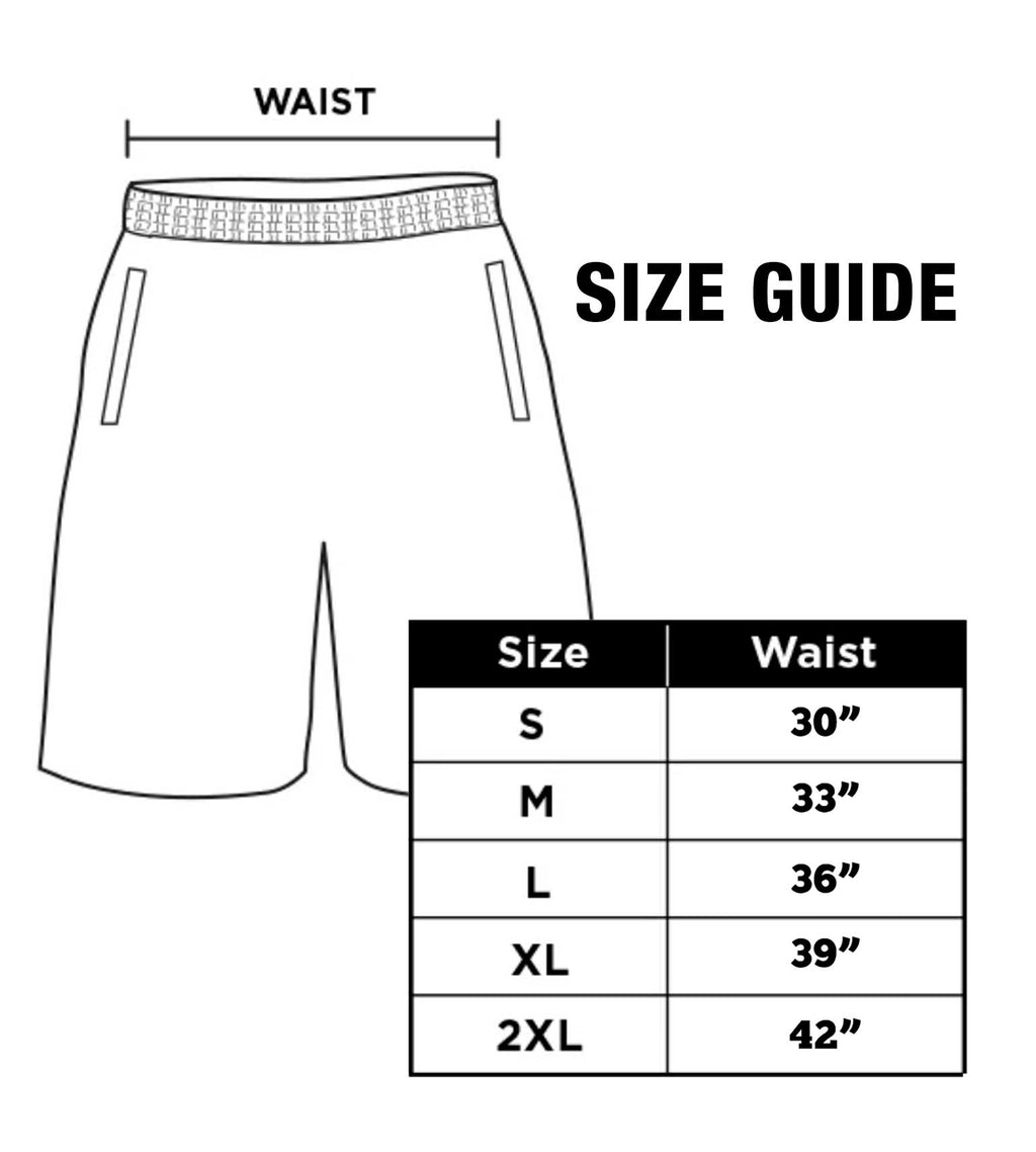 Size guide for men's hunting shorts with waist measurements from S to 2XL