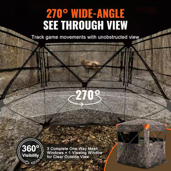 Hunting Blind, 270° See Through Ground Blind, 1-2 Person Pop Up Deer Blind for Hunting with Carrying Bag, Portable Resilient Hunting Tent, 3 Horizontal Windows for Turkey and Deer Hunting