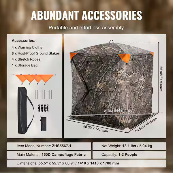 Hunting Blind, 270° See Through Ground Blind, 1-2 Person Pop Up Deer Blind for Hunting with Carrying Bag, Portable Resilient Hunting Tent, 3 Horizontal Windows for Turkey and Deer Hunting