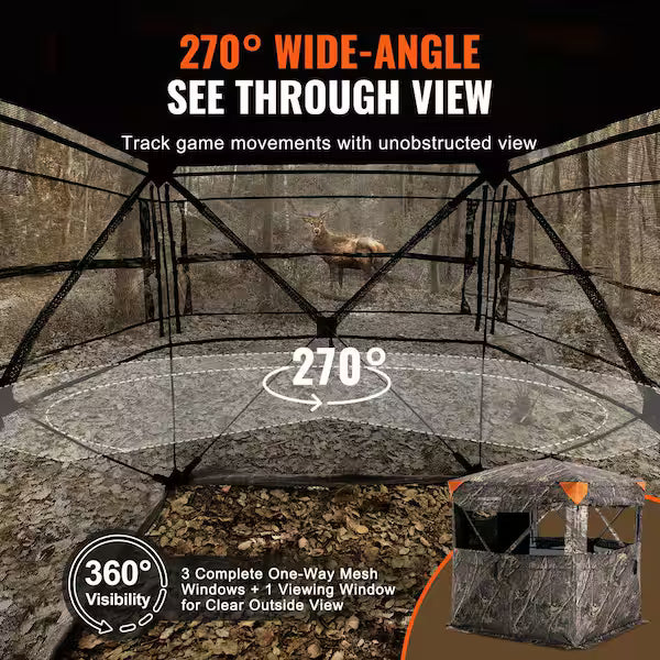 Hunting Blind, 270° See Through Ground Blind, 2-3 Person Pop Up Deer Blind for Hunting with Carrying Bag, Portable Resilient Hunting Tent, One-Way See-Through Mesh for Turkey and Deer Hunting