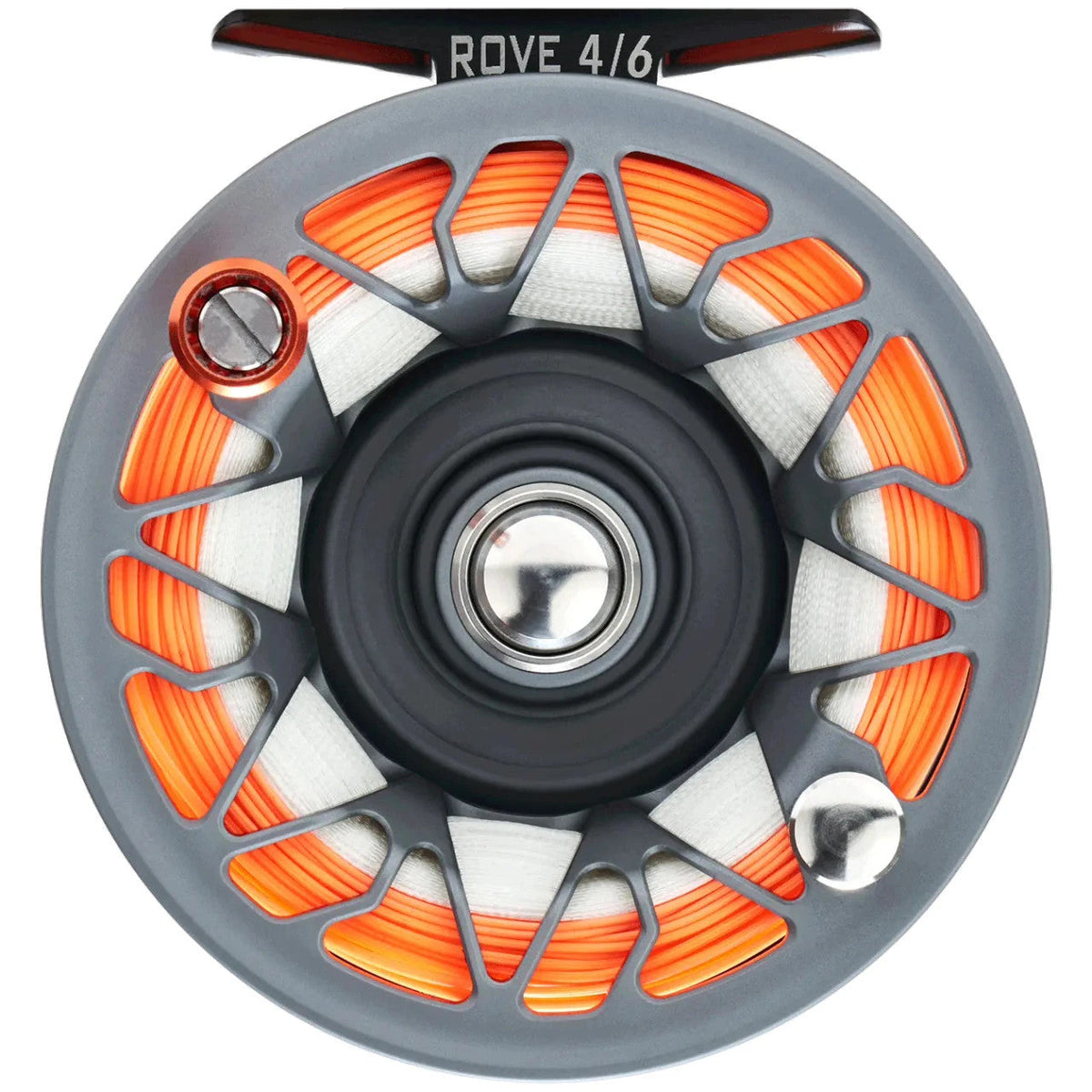 Back of the Abel ROVE 4/6 reel in slate grey with orange fly line