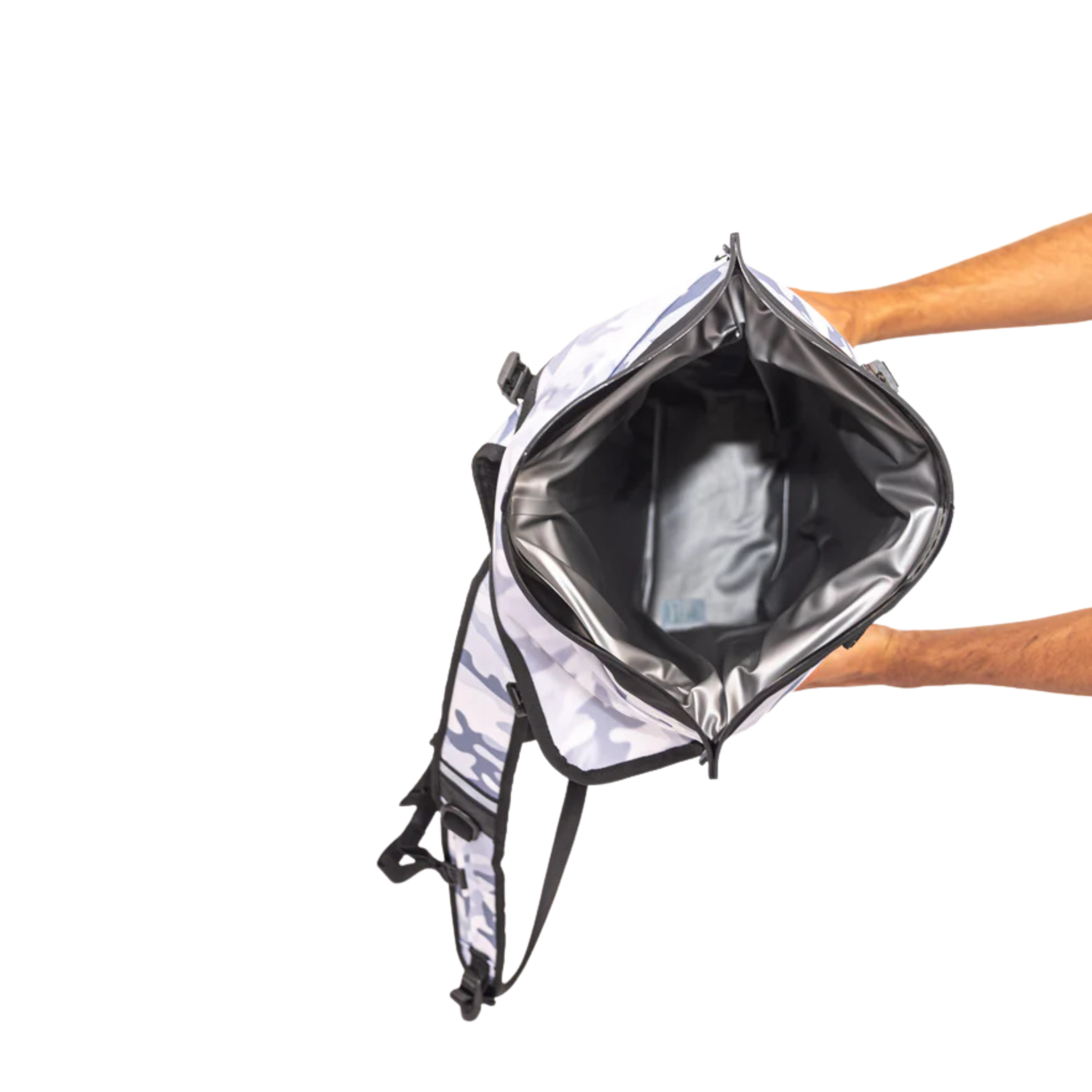 White and gray camo hunting backpack with open top showing spacious interior and black straps