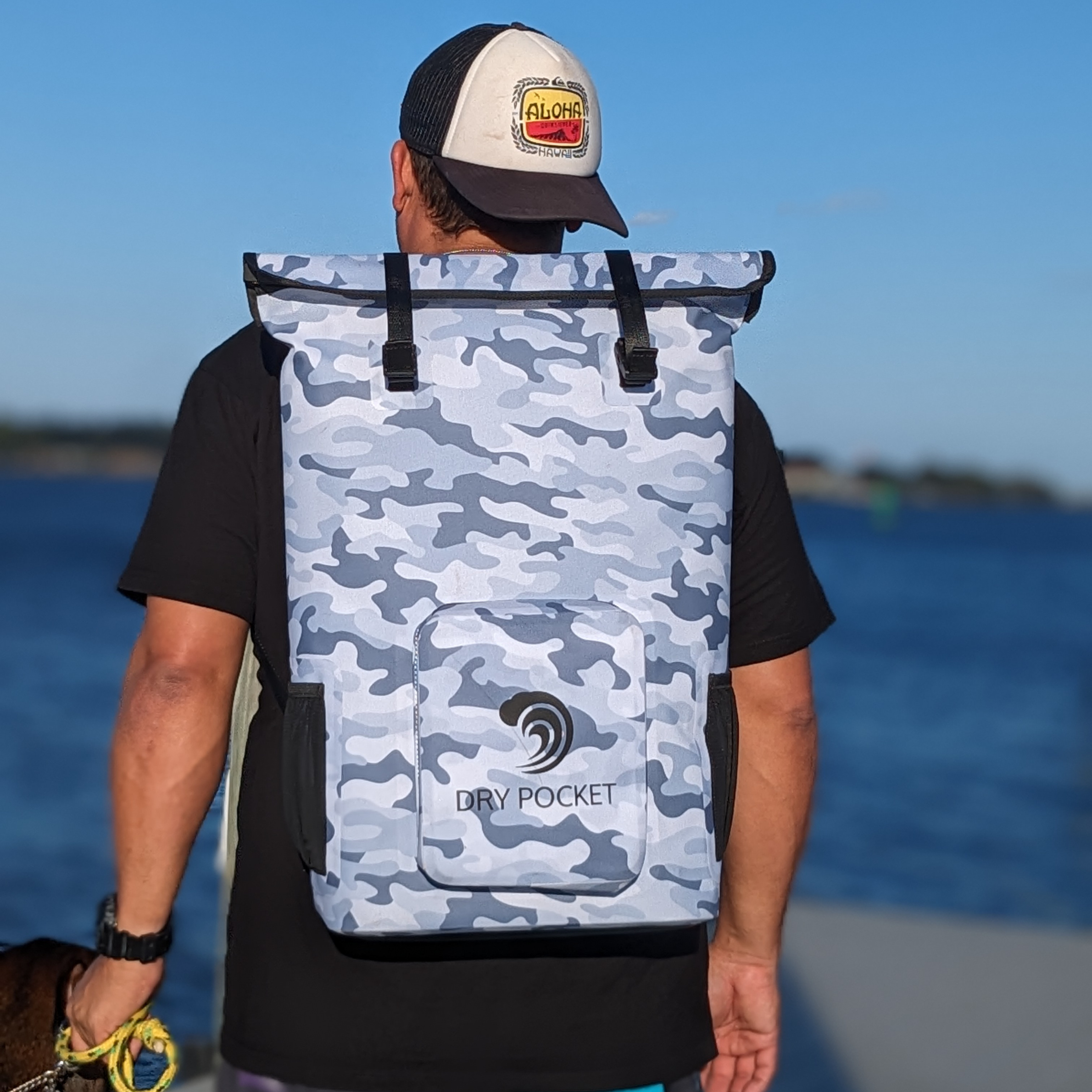 Gray camo waterproof dry bag backpack with dry pocket, ideal for fishing and outdoor adventures near water