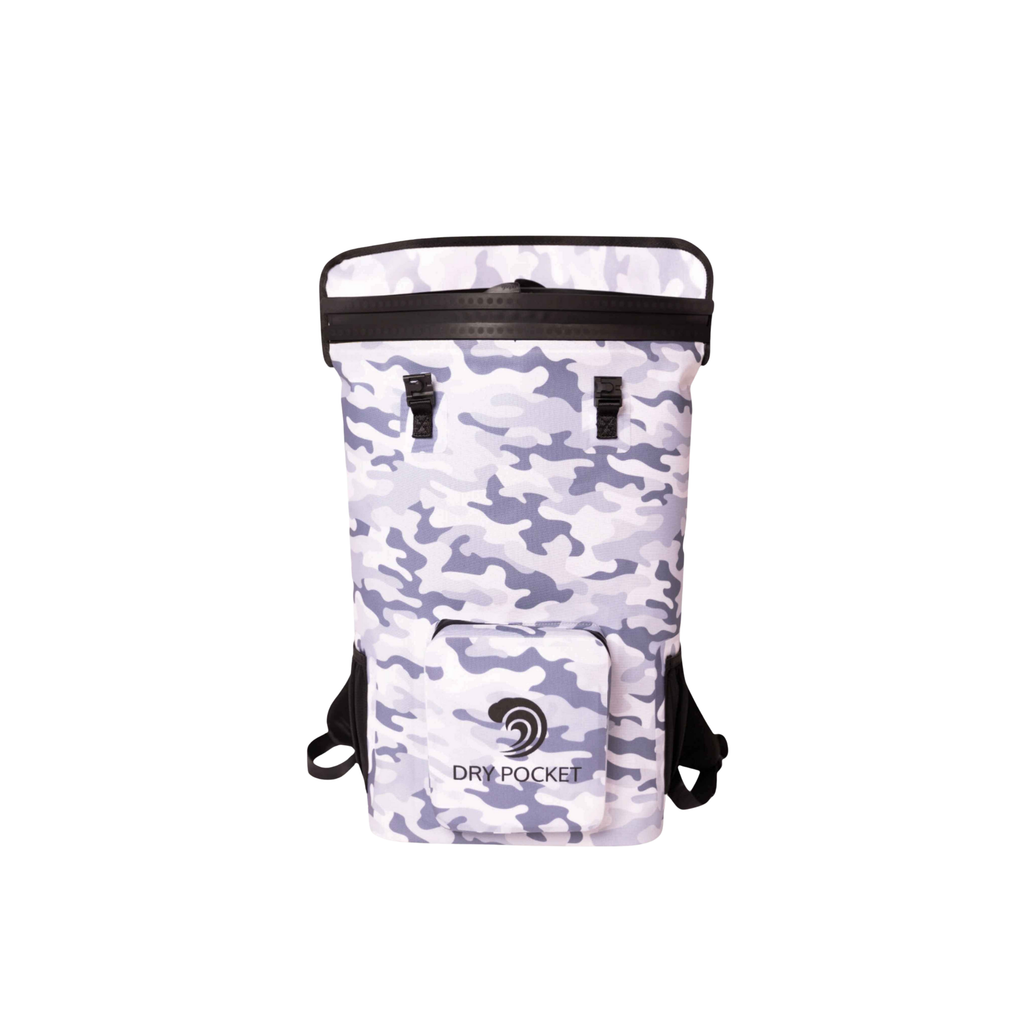 White and gray camo dry bag backpack with waterproof roll-top closure and front pocket for hunting or fishing gear