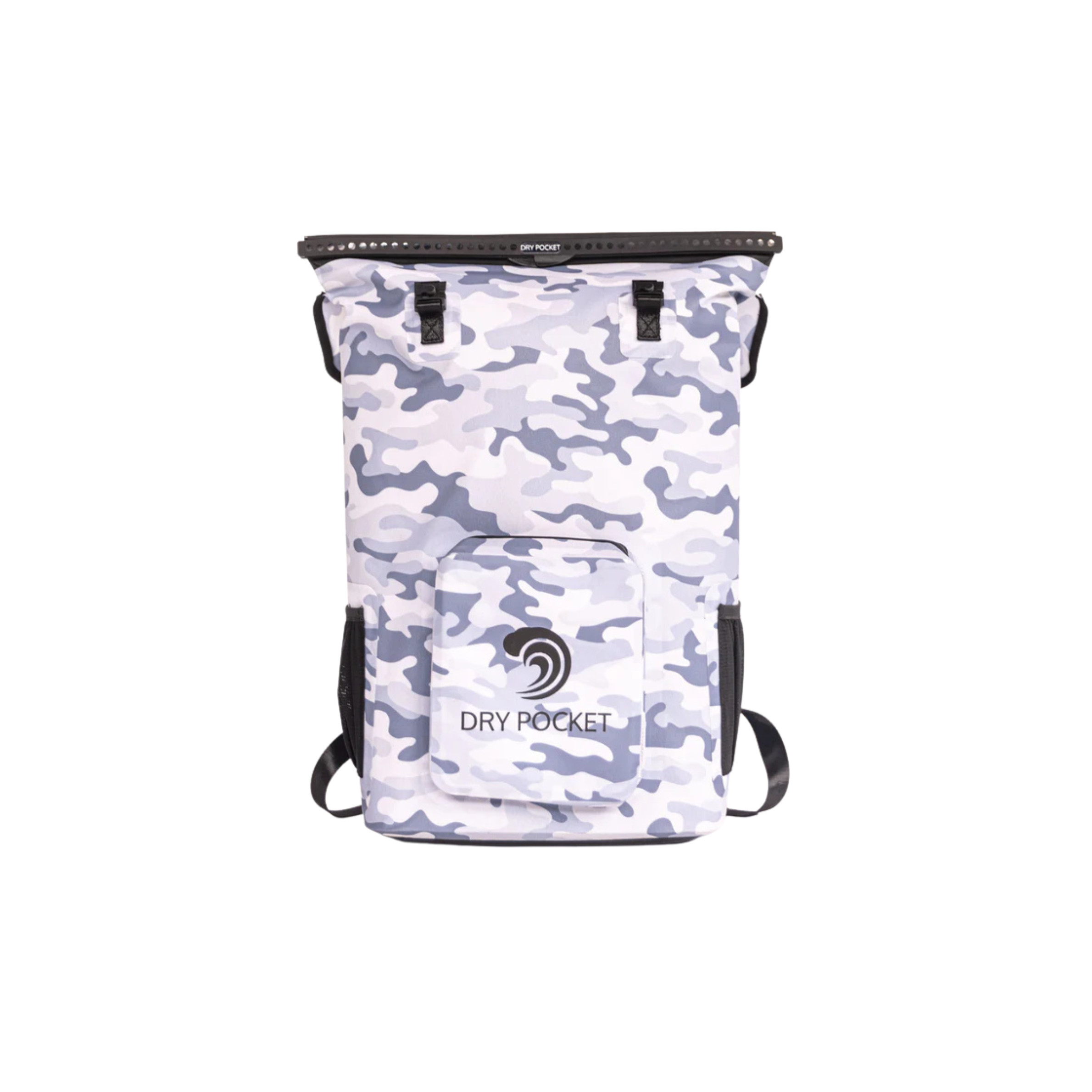 White and gray camo waterproof dry bag backpack with roll-top closure for hunting and outdoor use