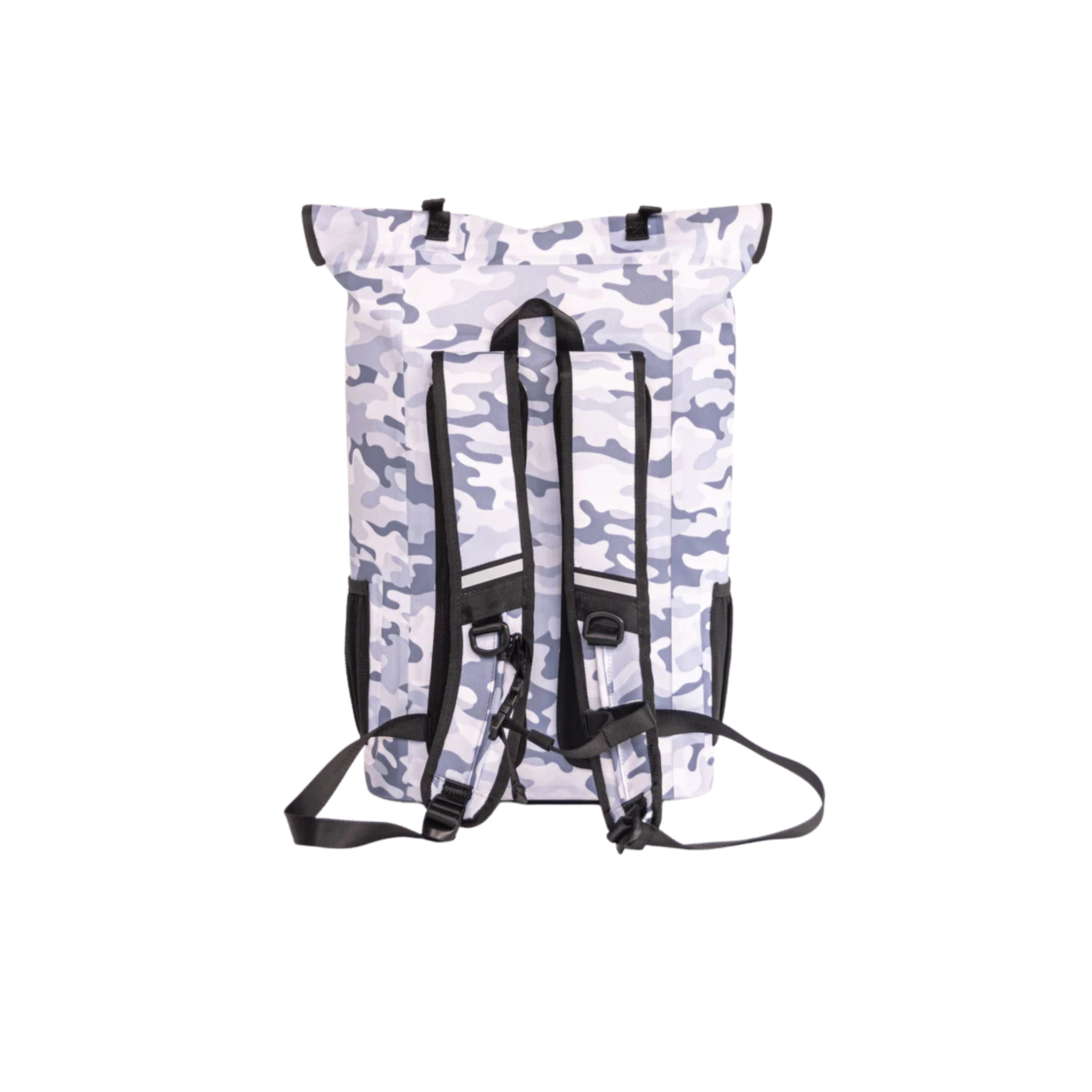 Gray and white camo roll-top backpack with black straps for hunting and outdoor adventures