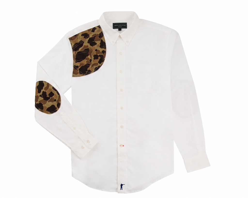 Ball and Buck Sportsmans Shirt in White Oxford, front view with Original Camo shooting shoulder patch
