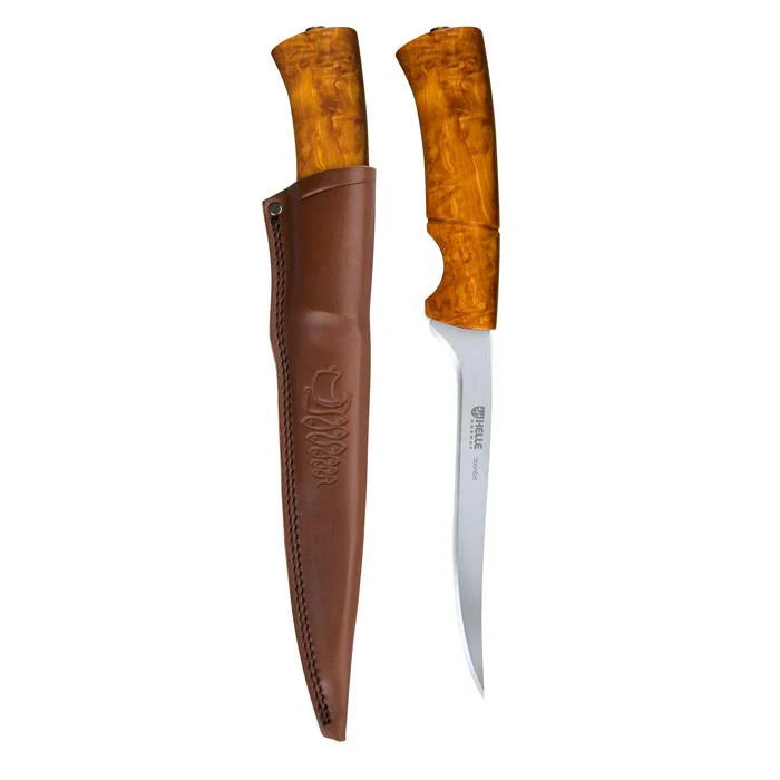 Mora knife with curly birch handle and brown leather sheath, ideal for hunting and outdoor use