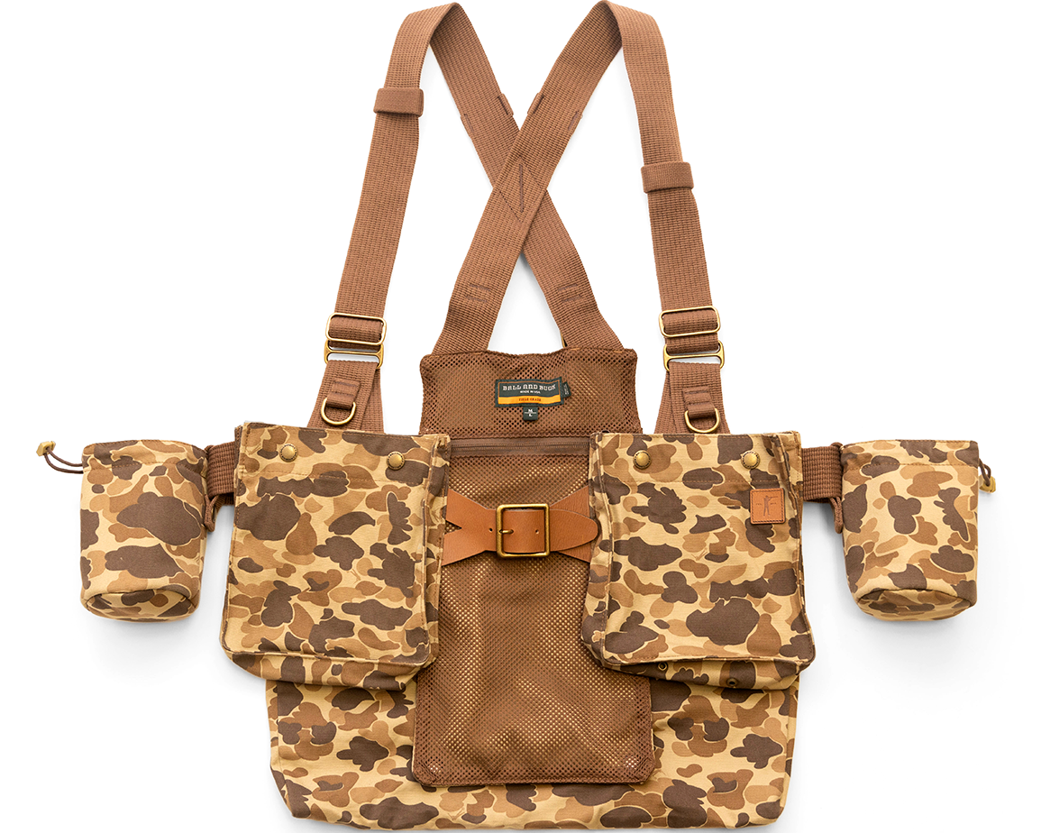 Ball and Buck Strap Vest in Original Camo canvas, front view with shell pockets and cup holders