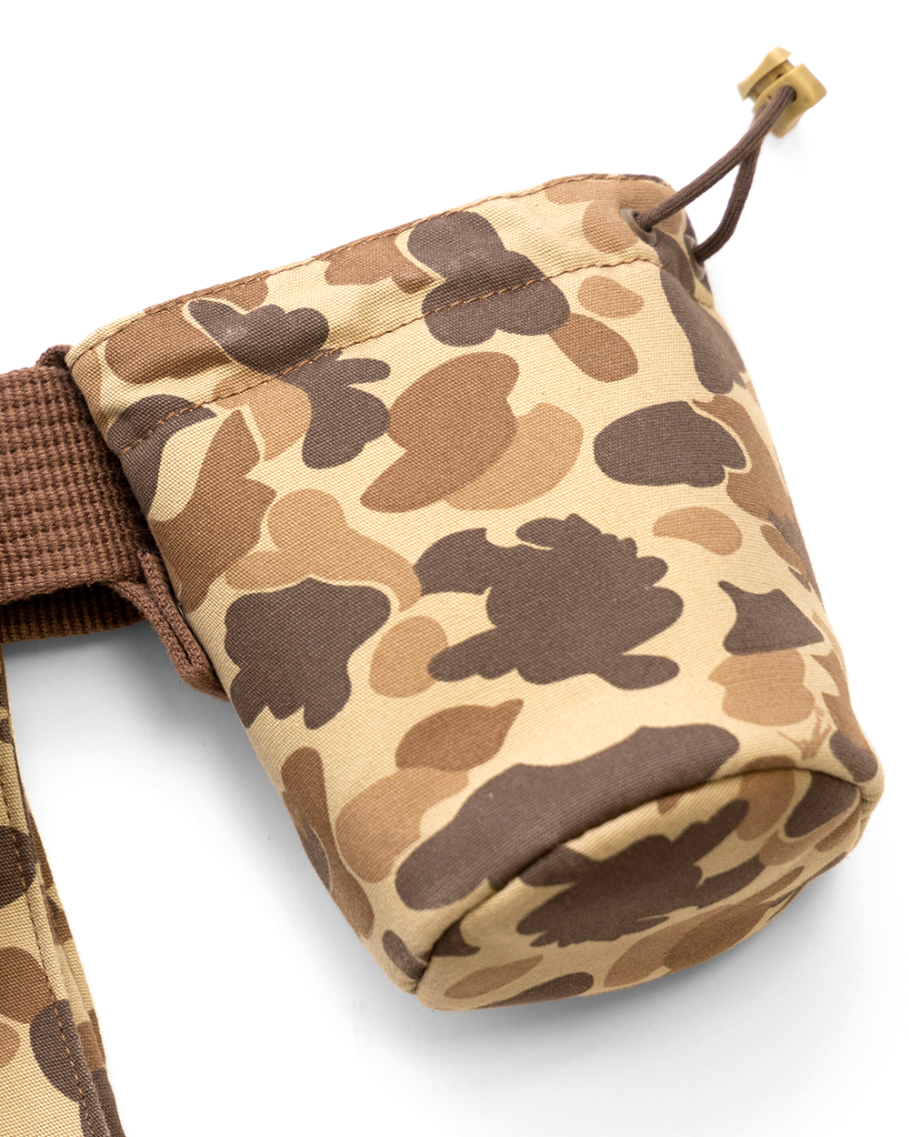 Removable Original Camo canvas cup holder on the Ball and Buck Strap Vest