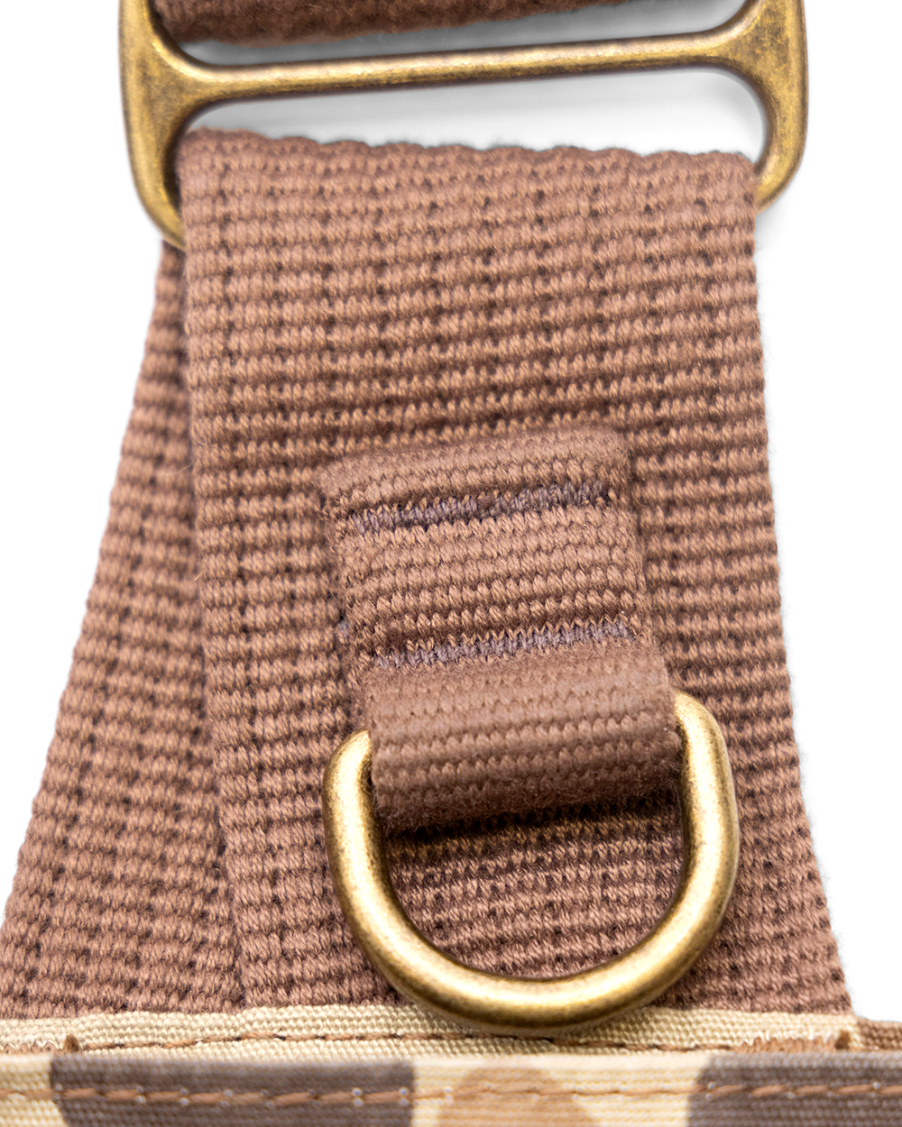 Brass D-ring for tool or call attachment on the Strap Vest webbing