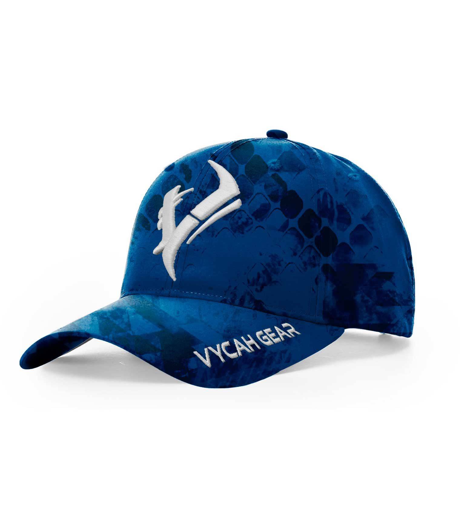Blue camo hunting cap with white VYCAH GEAR logo and deer antler emblem, outdoor apparel