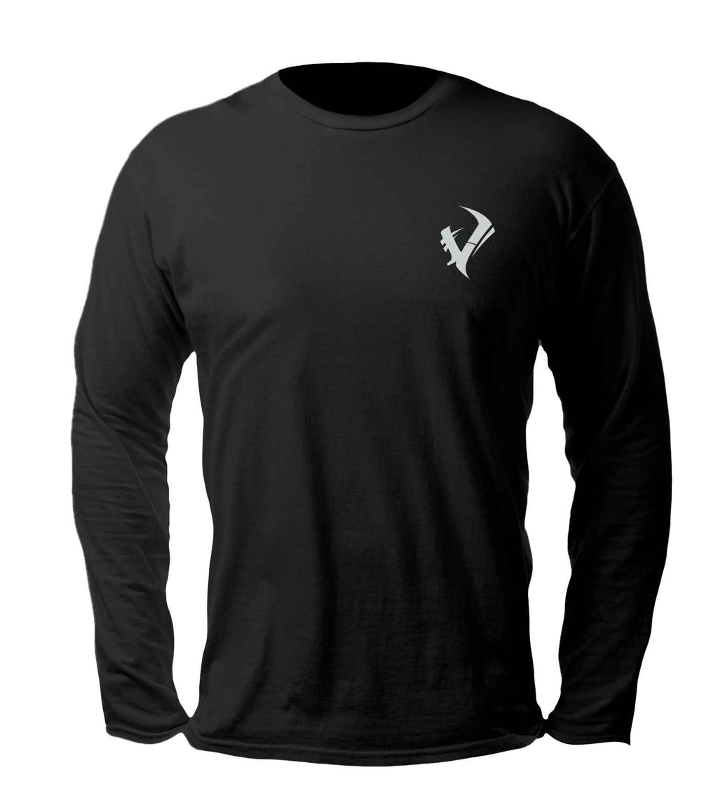 Black long sleeve hunting shirt with white logo, ideal for outdoor gear and hunting apparel