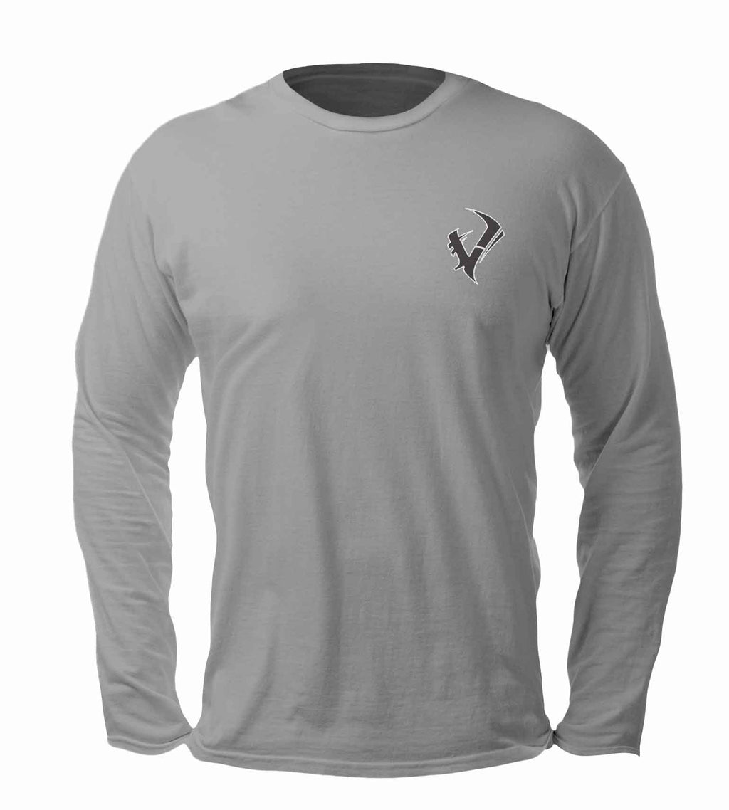 Gray long sleeve hunting shirt with chest logo, ideal for outdoor gear and camo apparel
