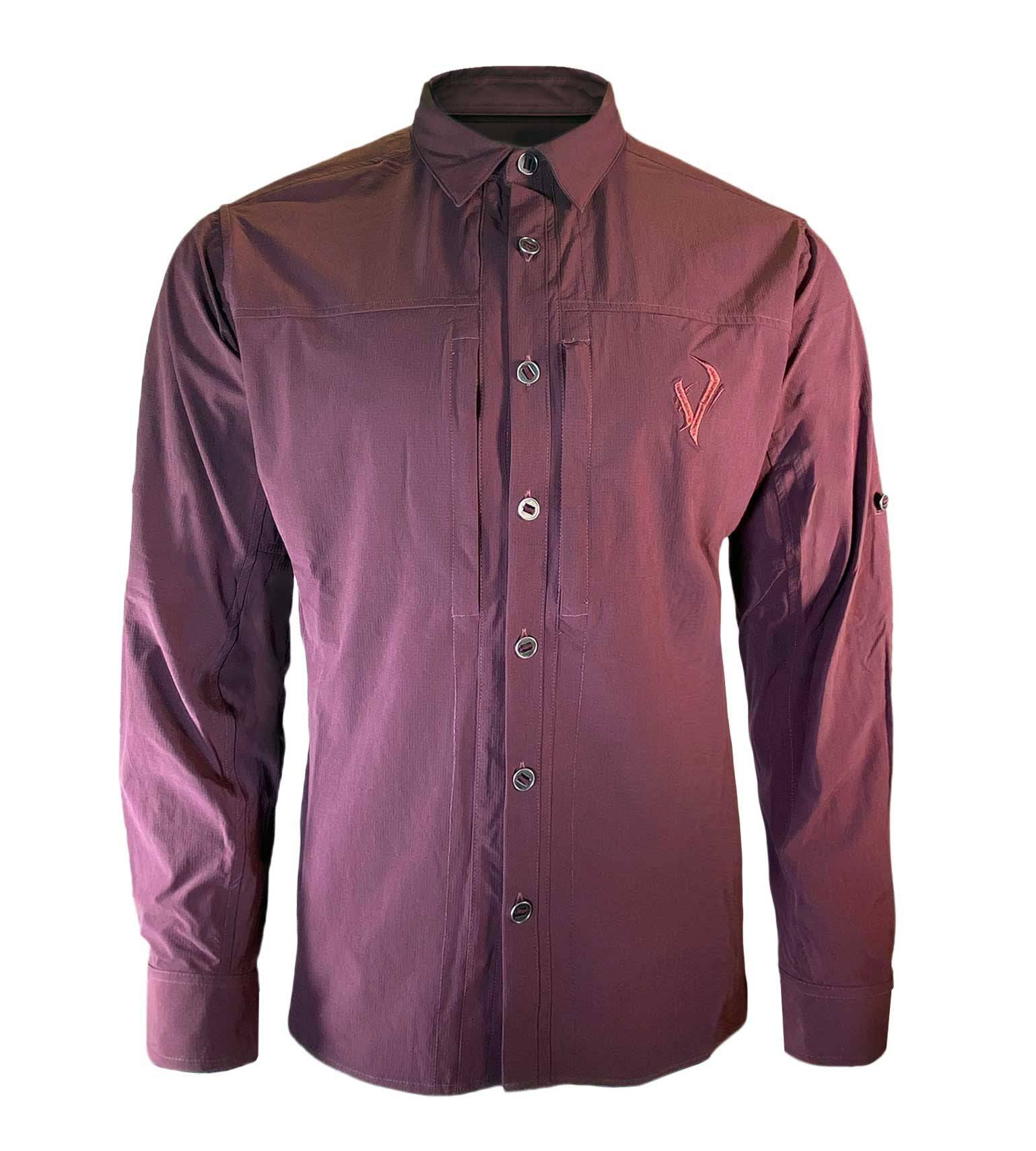Men's long sleeve hunting shirt in burgundy with chest pocket and logo, ideal for outdoor adventures