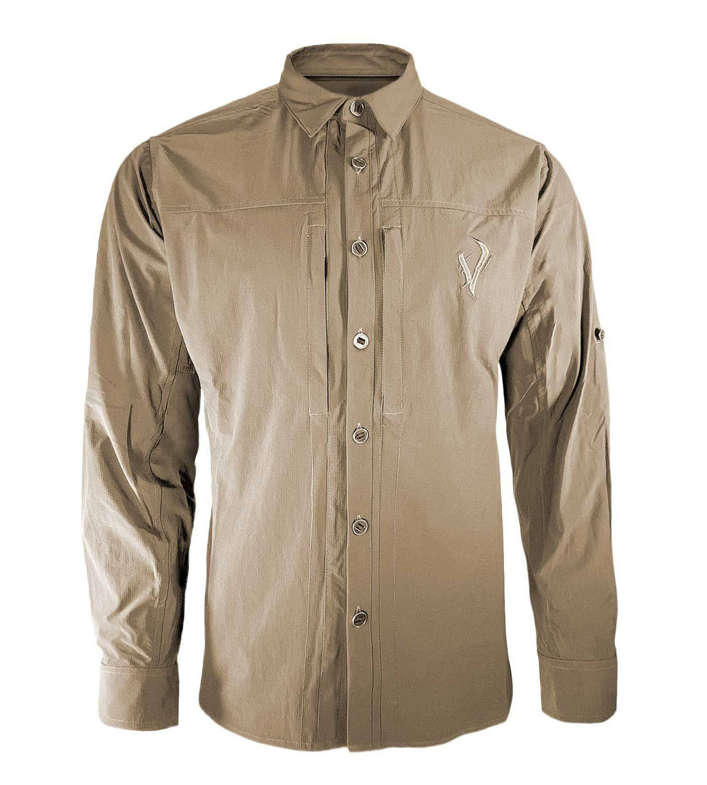 Tan long-sleeve hunting shirt with button front, chest pockets, and embroidered logo for outdoor use
