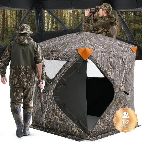 Hunting Blind, 270° See Through Ground Blind, 1-2 Person Pop Up Deer Blind for Hunting with Carrying Bag, Portable Resilient Hunting Tent, 3 Horizontal Windows for Turkey and Deer Hunting