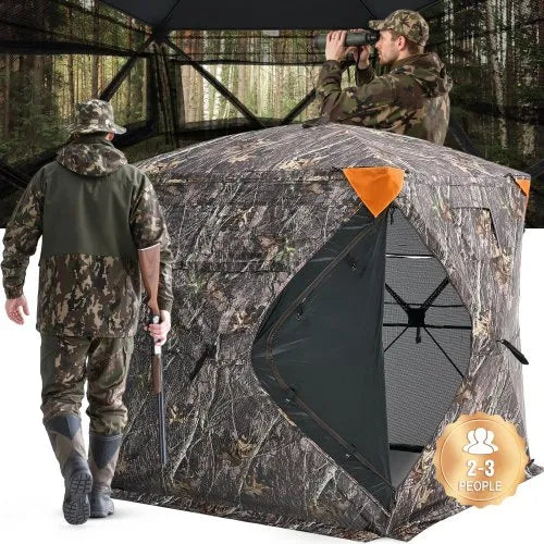 Hunting Blind, 270° See Through Ground Blind, 2-3 Person Pop Up Deer Blind for Hunting with Carrying Bag, Portable Resilient Hunting Tent, One-Way See-Through Mesh for Turkey and Deer Hunting
