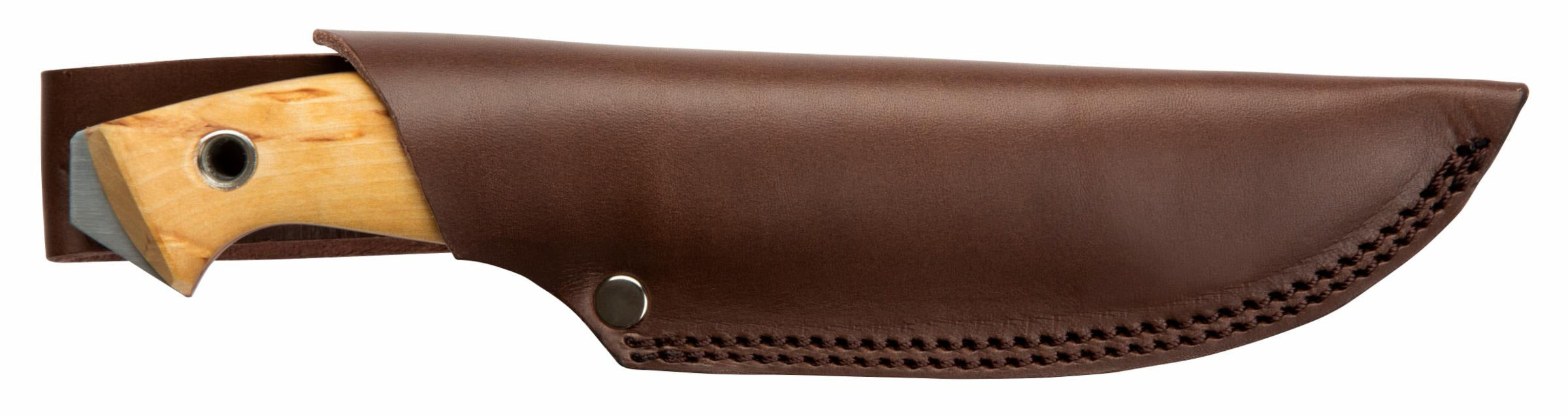 Hunting knife with wooden handle in brown leather sheath, outdoor gear for camping and survival