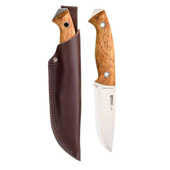 Hunting knife with wooden handle and leather sheath, ideal for outdoor and survival use