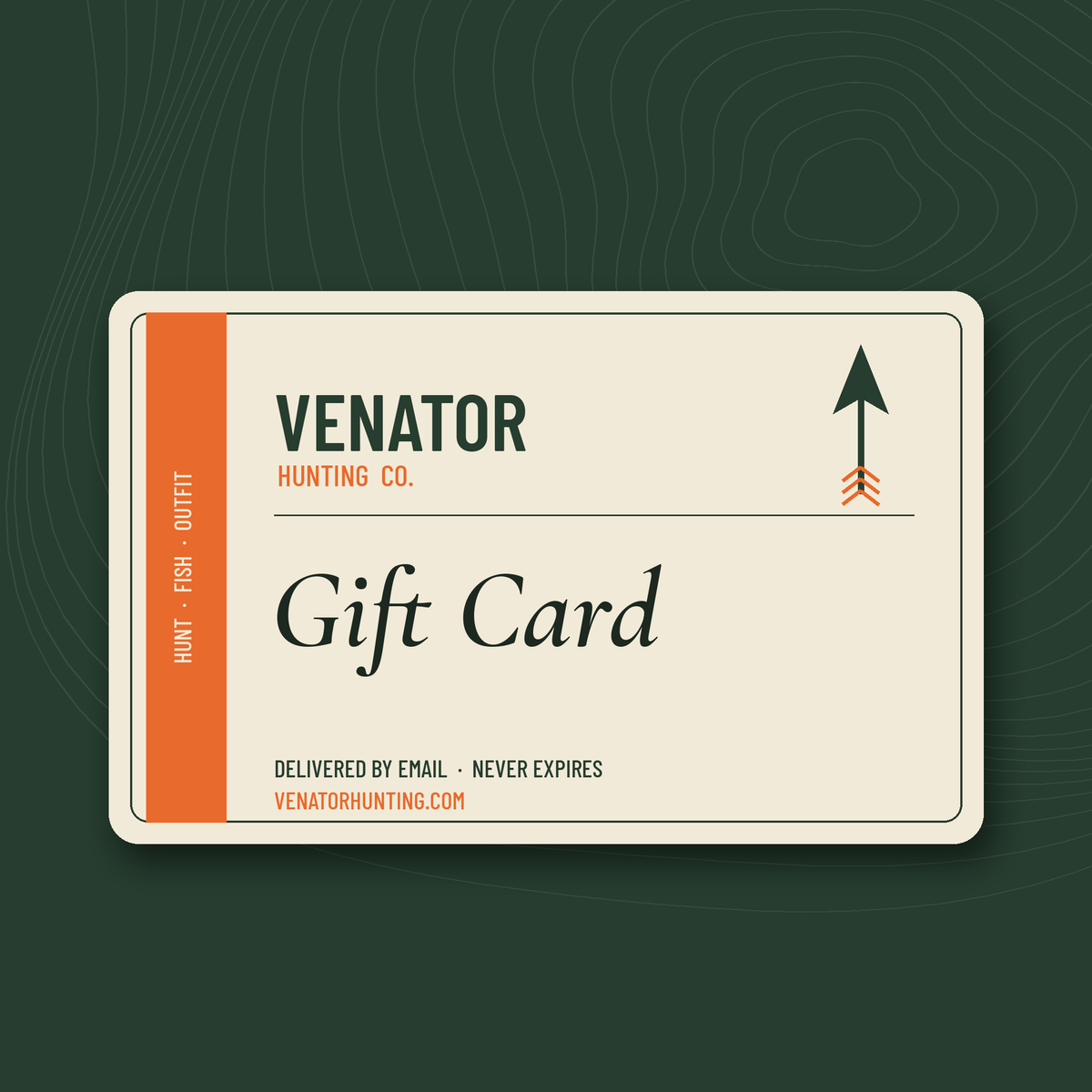 Venator Hunting gift card in cream and burnt orange on a forest green topo-map background