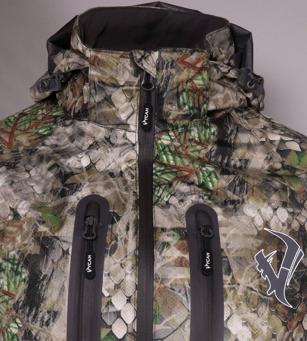 Close-up of the hood and waterproof chest pocket zippers on the Vycah Ventral Rain Jacket