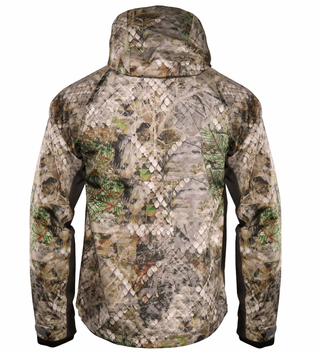 Vycah Ventral Rain Jacket in Fall camo, back view with hood up