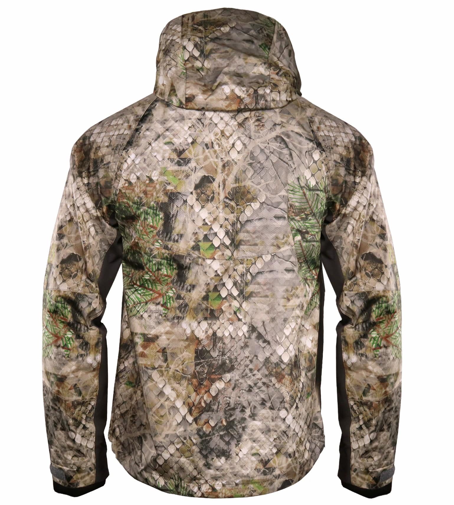 Vycah Ventral Rain Jacket in Fall camo, back view with hood up