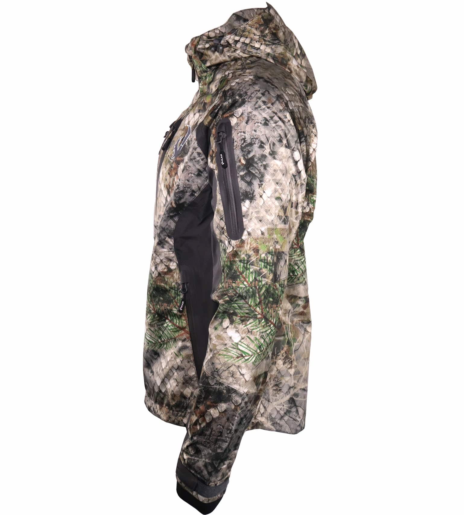 Vycah Ventral Rain Jacket in Fall camo, side view showing the sleeve pocket